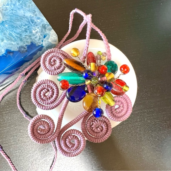 Vintage Up Cycled Wired Wrapped Gem Stones Macramé Woven Adjustable Necklace - Picture 2 of 7